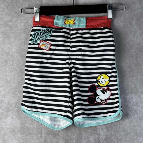Disney Boys Mickey Mouse Swim Trunks Black White Striped Board Shorts Patches - Picture 1 of 8